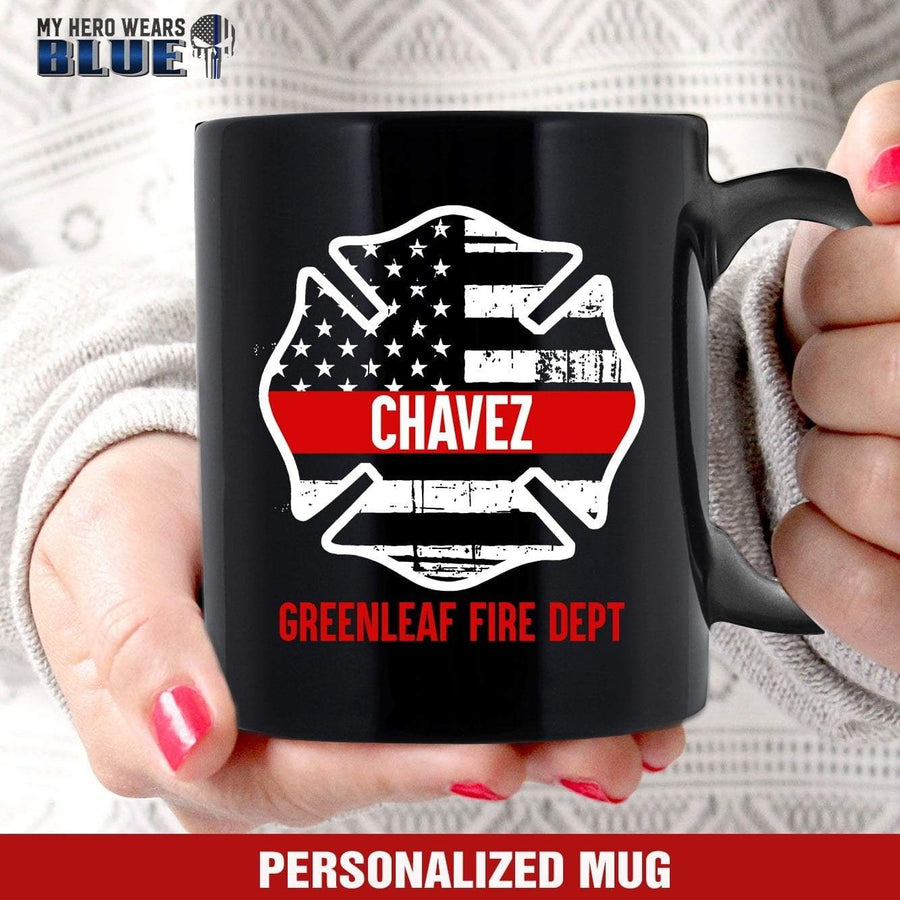 Mugs Black / 11oz Personalized Mug - Firefighter Emblem Cut Through - Thin Red Line Flag