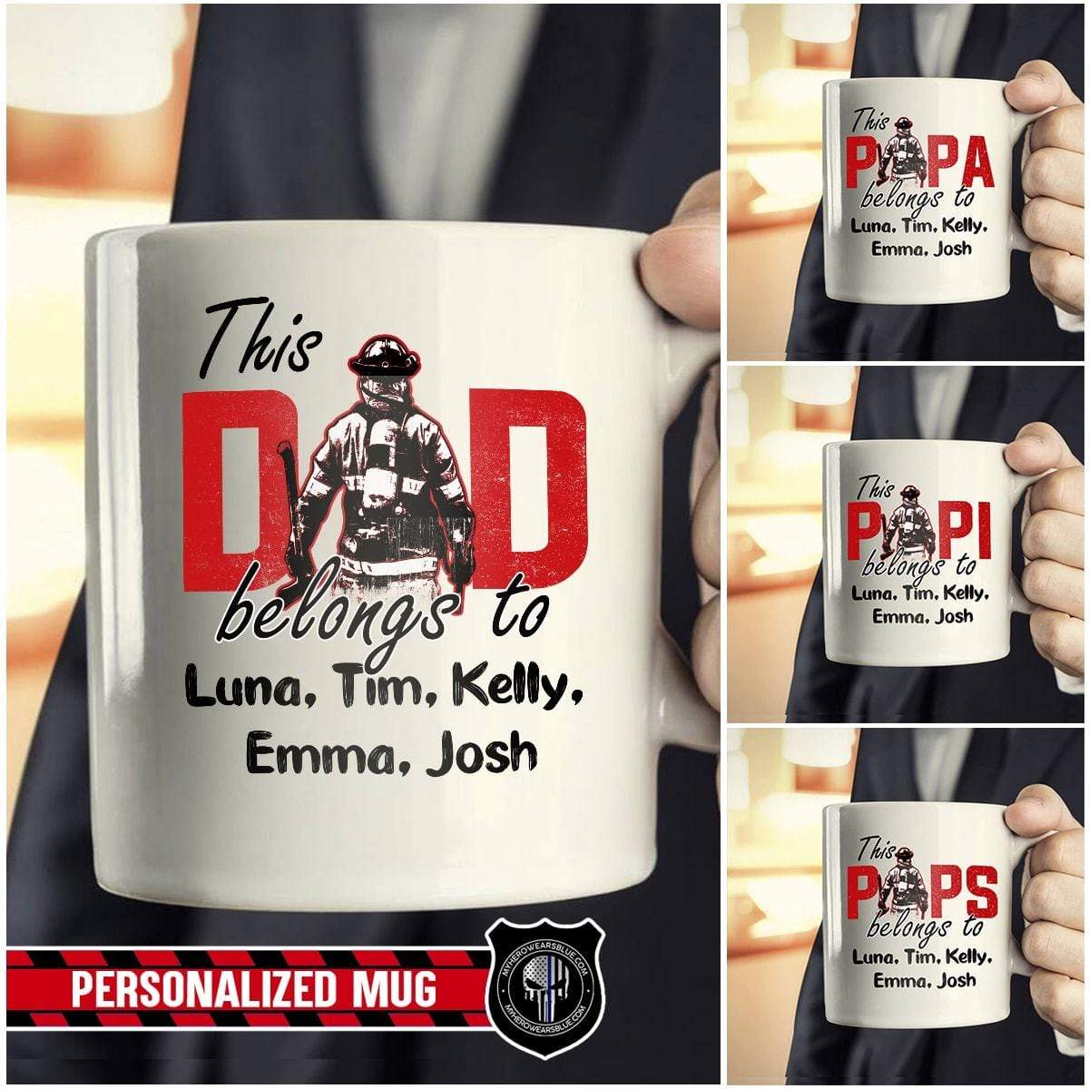 Mugs White / 11oz Personalized Mug - Firefighter - This Awesome Dad Belongs To - Kids Name