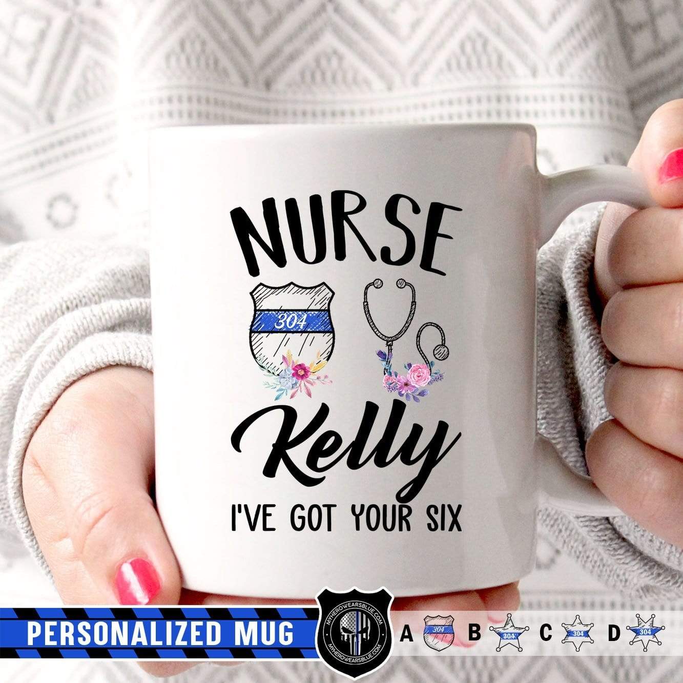 Mugs White / 11oz Personalized Mug - Floral Name - Nurse x Police