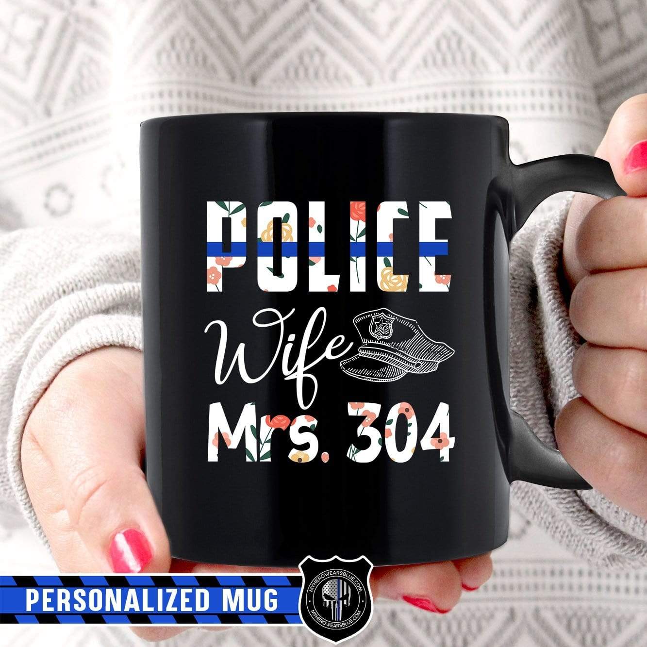 Mugs Black / 11oz Personalized Mug - Floral Number - Police