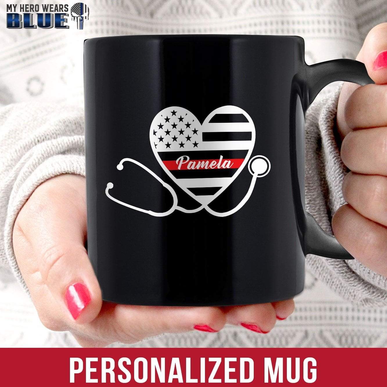 Mugs Black / 11oz Personalized Mug - Heart Stethoscope - Thin Red Line