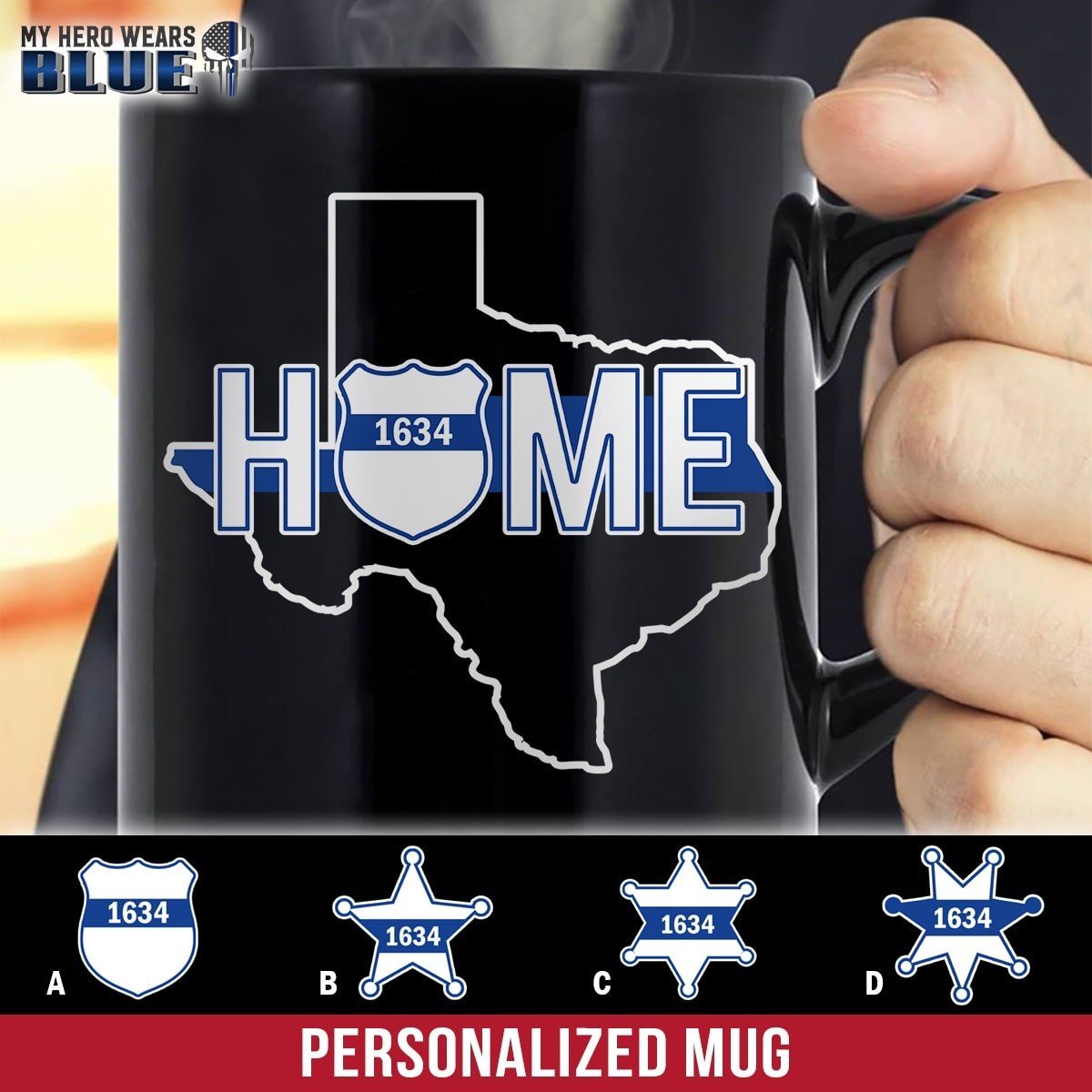 Mugs Black / 11oz Personalized Mug - Home - Thin Blue Line - Police Badge - Texas