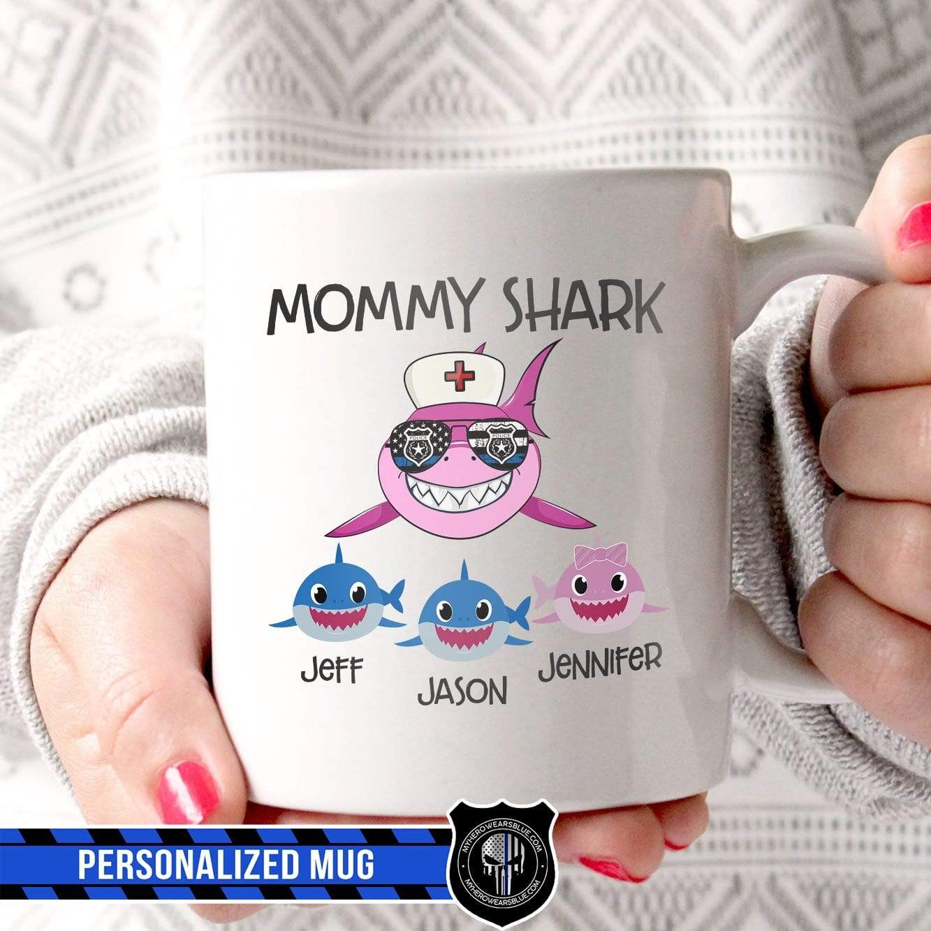 Mugs White / 11oz Personalized Mug - Mommy Shark - Police x Nurse