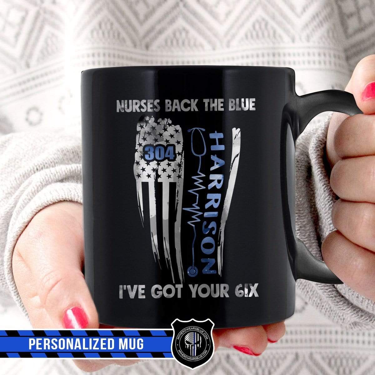 Mugs Black / 11oz Personalized Mug - Nurses Back The Blue Distressed Flag