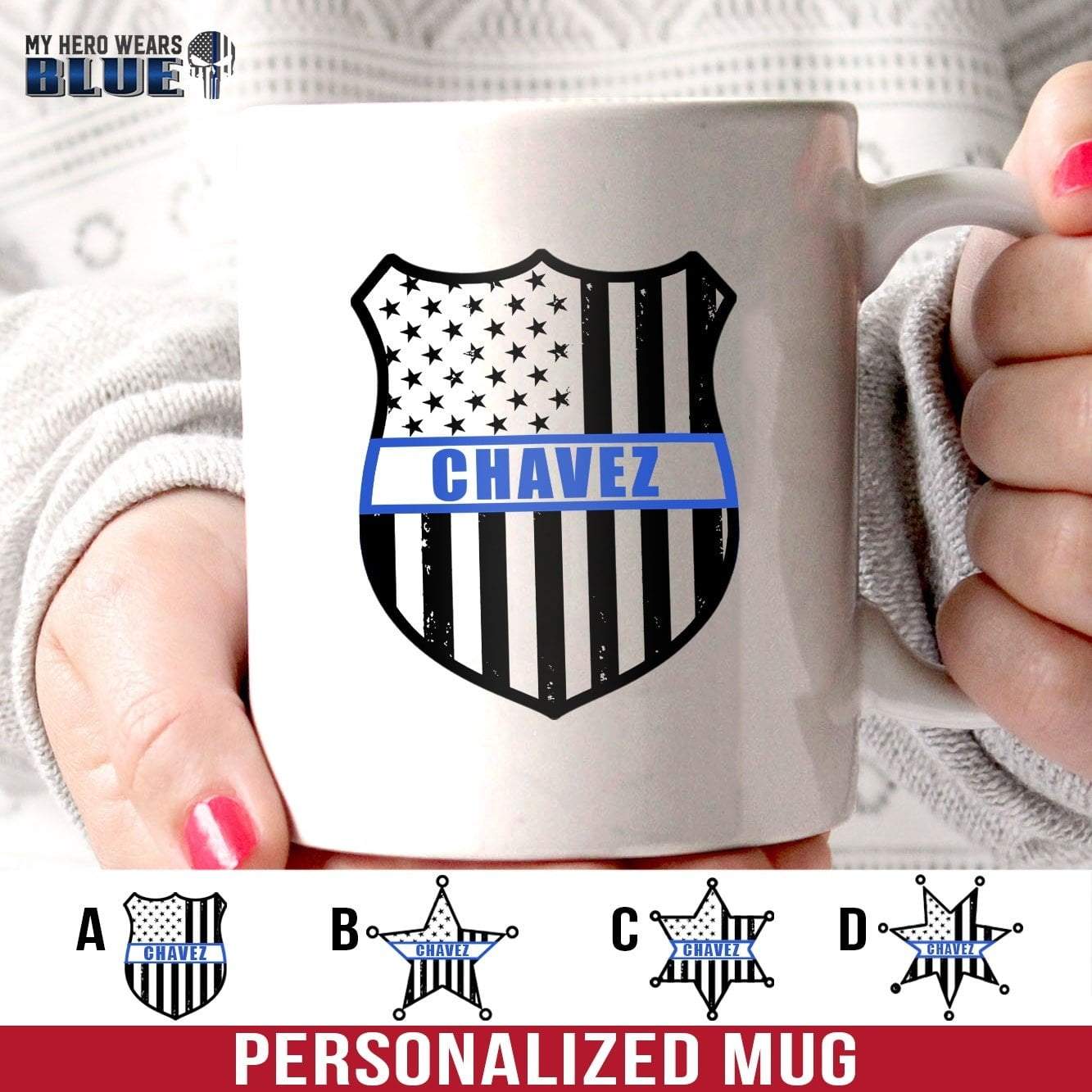 Mugs White / 11oz Personalized Mug - Police Badge Cut Through - Thin Blue Line Flag