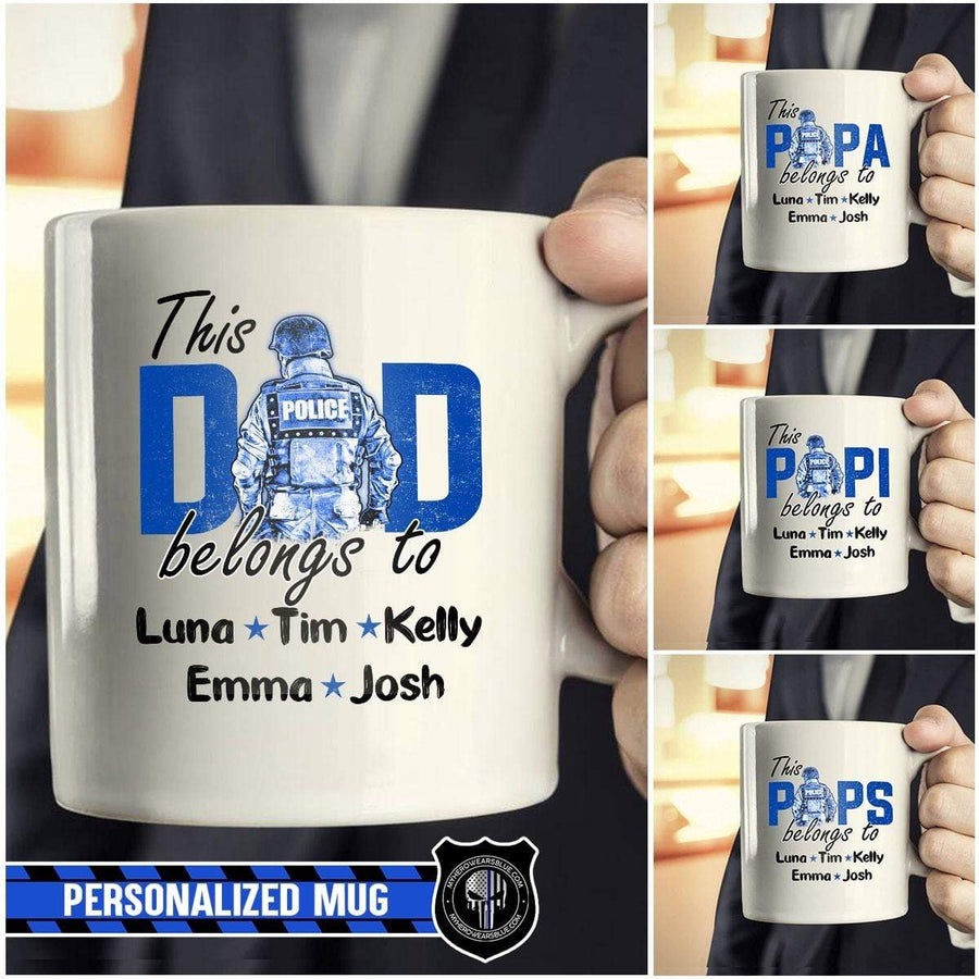Mugs White / 11oz Personalized Mug - Police - This Awesome Dad Belongs To - Kids Name