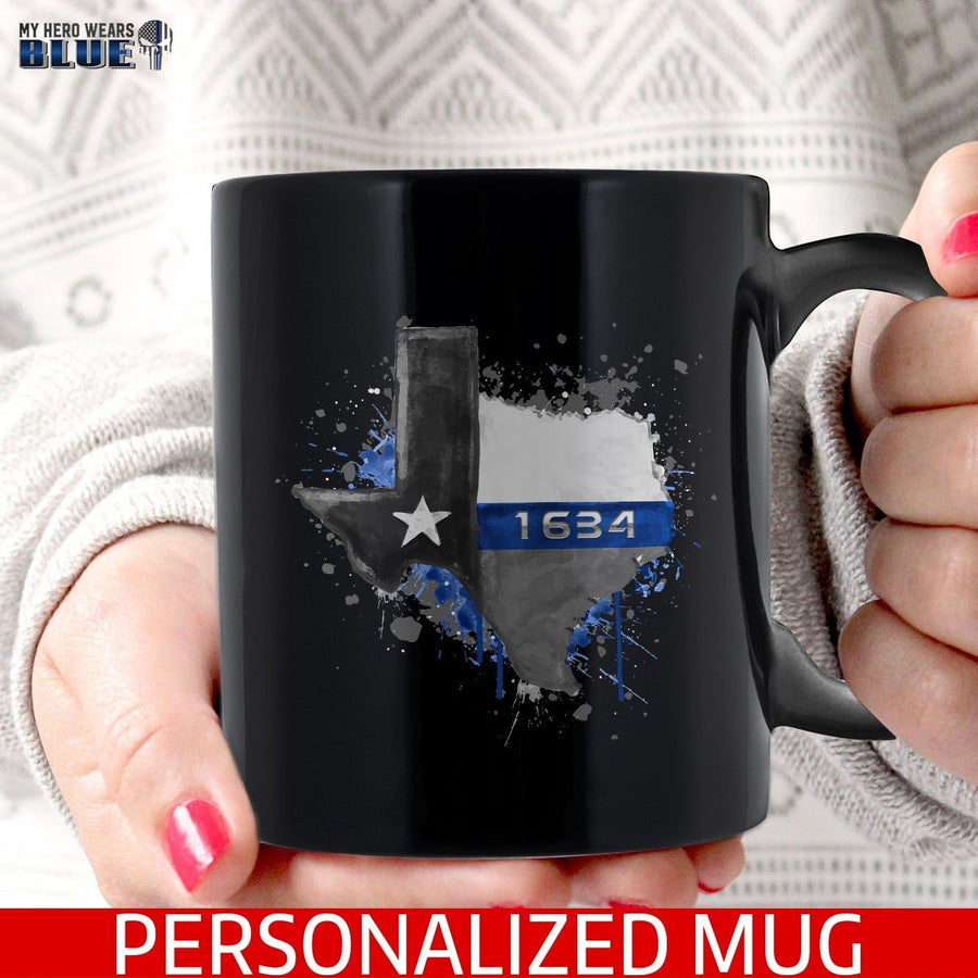 Mugs Black / 11oz Personalized Mug - Thin Blue Line Color Drop State Map - Texas