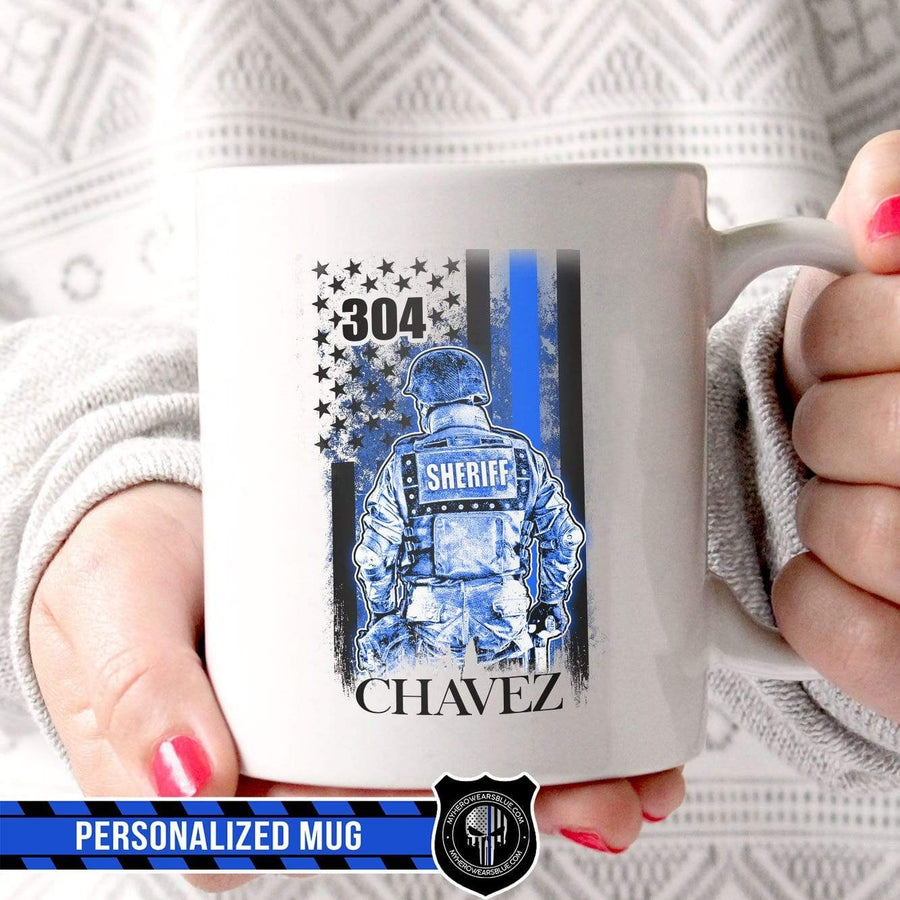 Mugs White / 11oz Personalized Mug - Thin Blue Line Flag - Sheriff Suit - White Mug