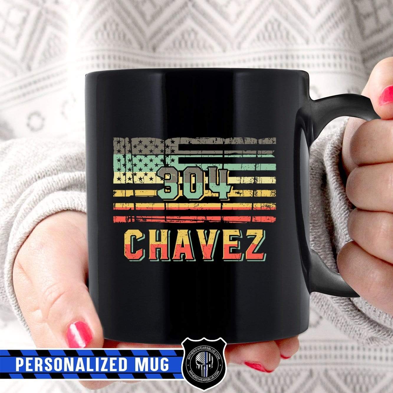 Mugs Black / 11oz Personalized Mug - Vintage Graphic Name And Number - Police