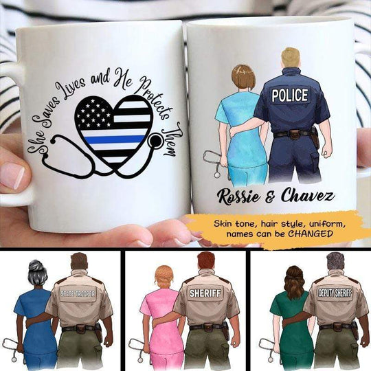 Police And Nurse Love Couple Thin Blue Line Personalized Coffee Mug
