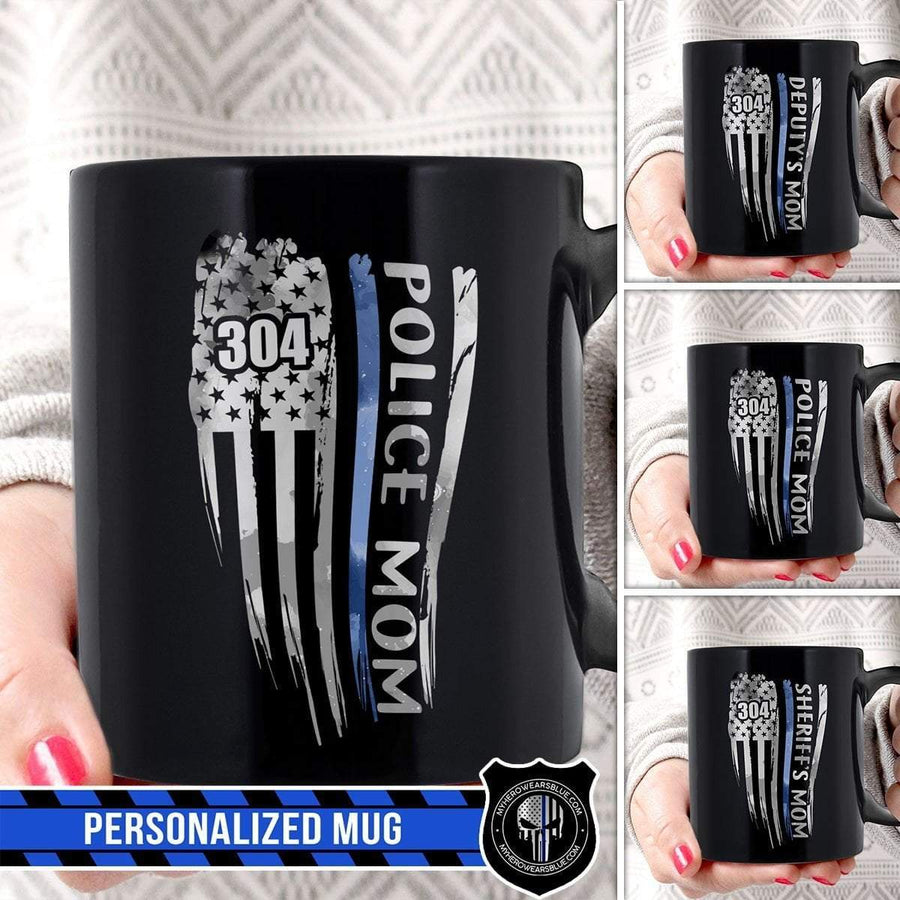 Mugs Black / 11oz Police Mom Distressed Thin Blue Line Flag Personalized Thin Blue Line Coffee Mug
