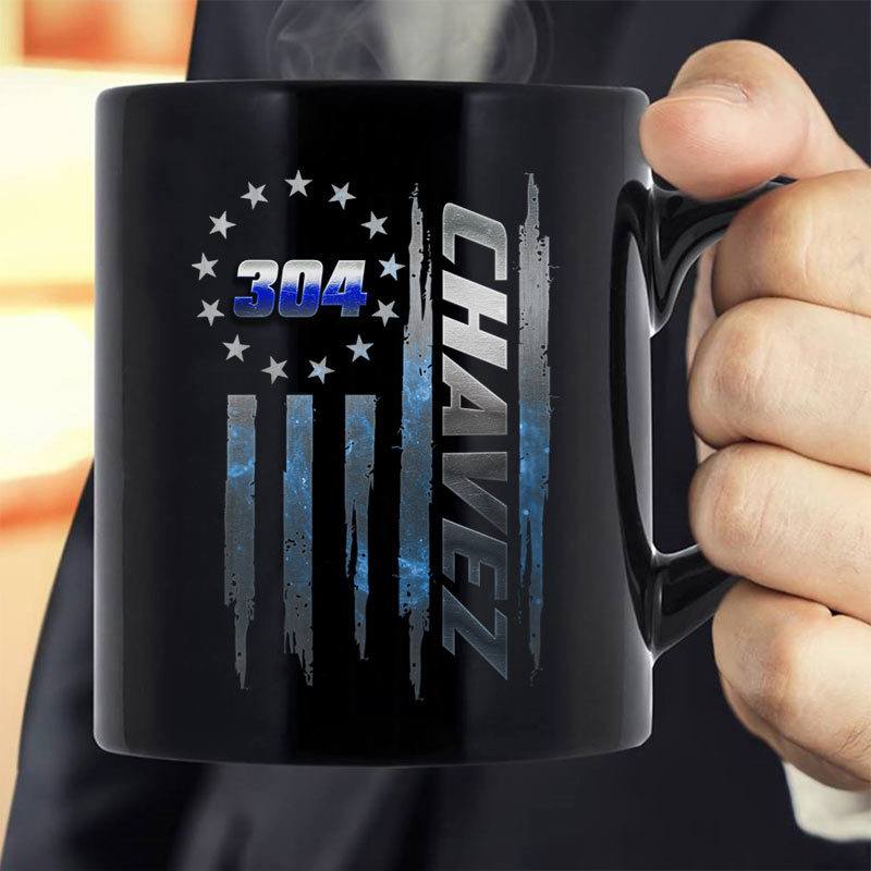 Circle Star Flag Custom Badge Name And Number - Personalized Thin Blue Line Coffee Mug