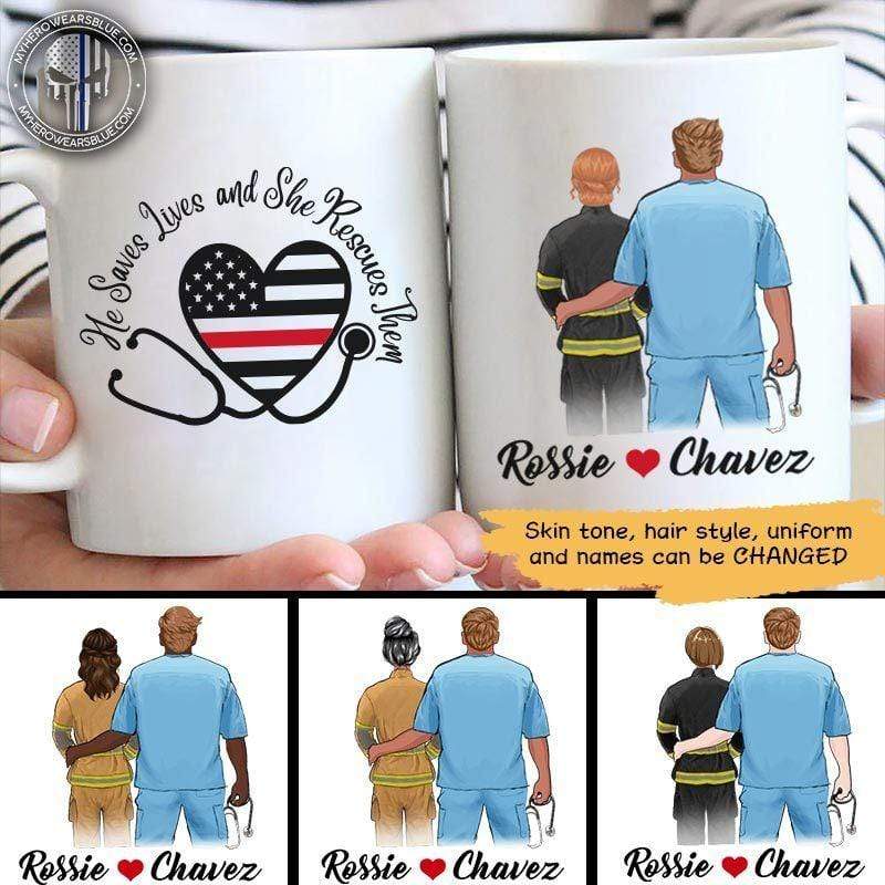 Female Firefighter And Male Nurse Couple Personalized Coffee Mug