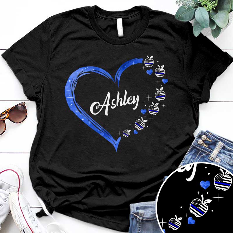 Police Teacher Thin Blue Line Apple Heart Thin Blue Line Personalized Police Shirt