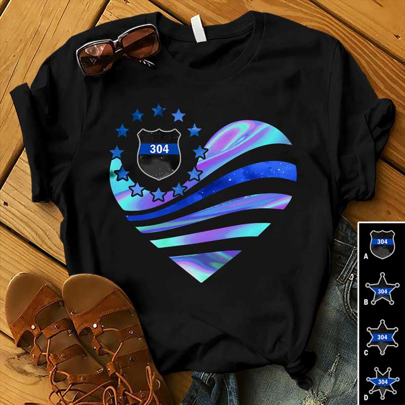 Thin Blue Line Galaxy Flag Heart Personalized Police Shirt