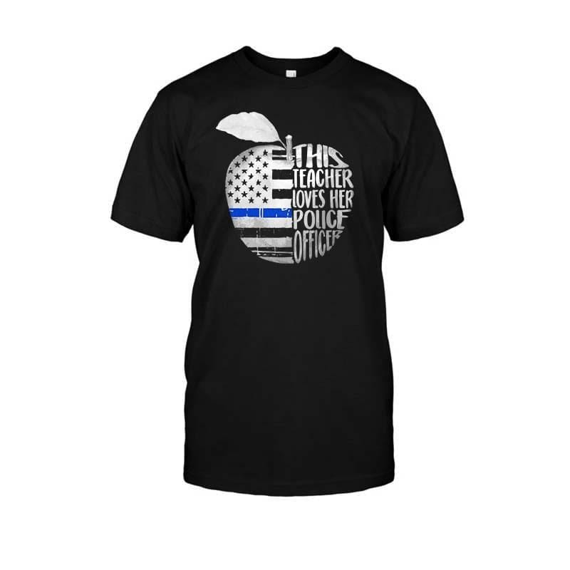 This Teacher Loves Her Police Officer Flag Apple Shape Thin Blue Line Shirt