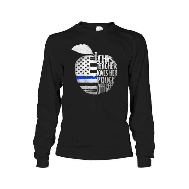 This Teacher Loves Her Police Officer Flag Apple Shape Thin Blue Line Shirt