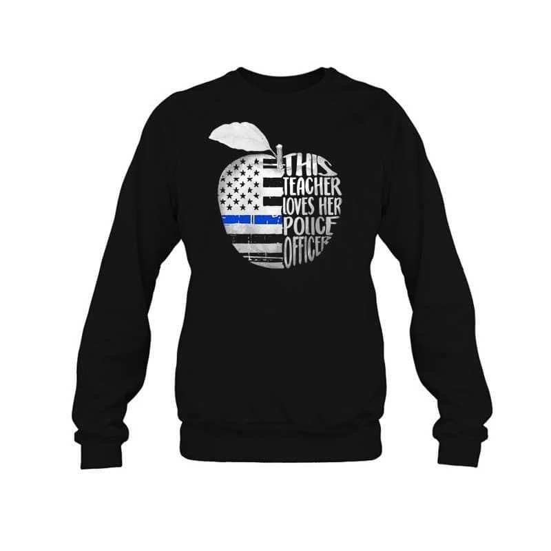 This Teacher Loves Her Police Officer Flag Apple Shape Thin Blue Line Shirt