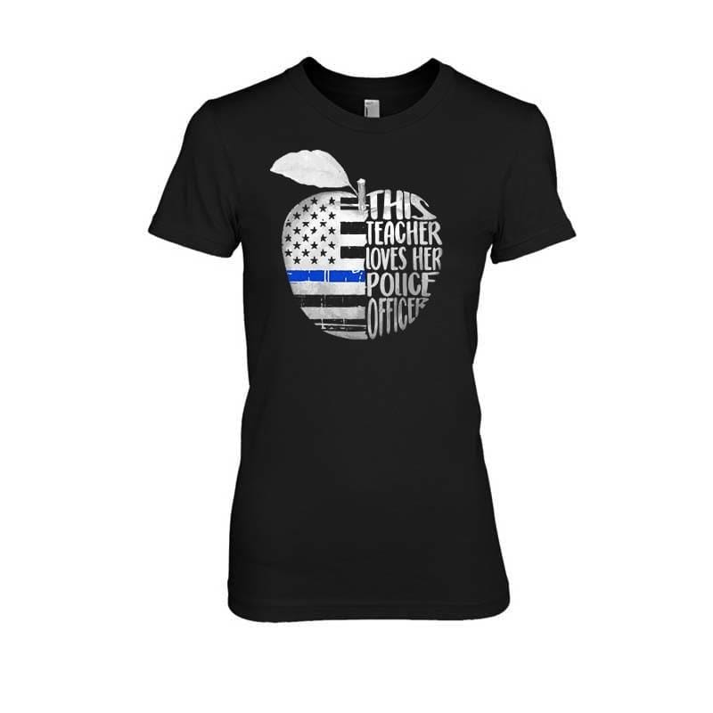 This Teacher Loves Her Police Officer Flag Apple Shape Thin Blue Line Shirt